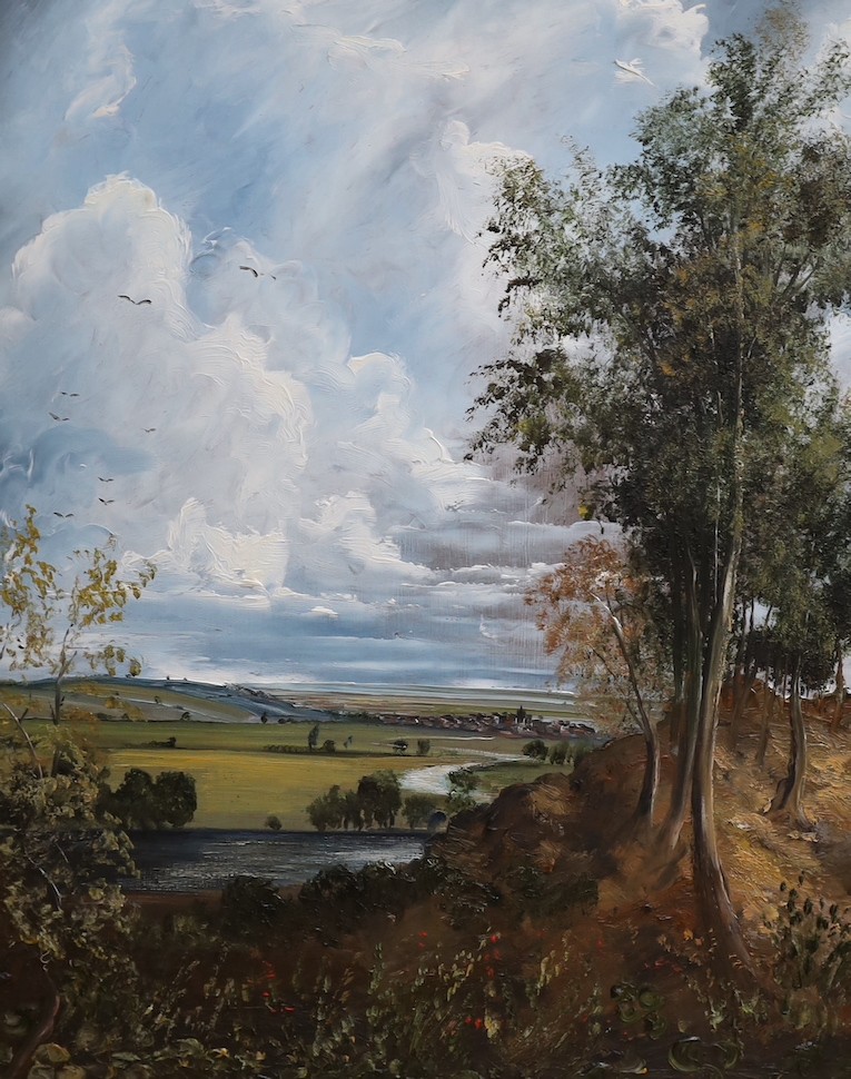 Ray Price (20th century), acrylic on board, Two figures on a road beneath a stormy sky, signed, and three other smaller pictures by the same hand - largest 59 x 75cm (4)